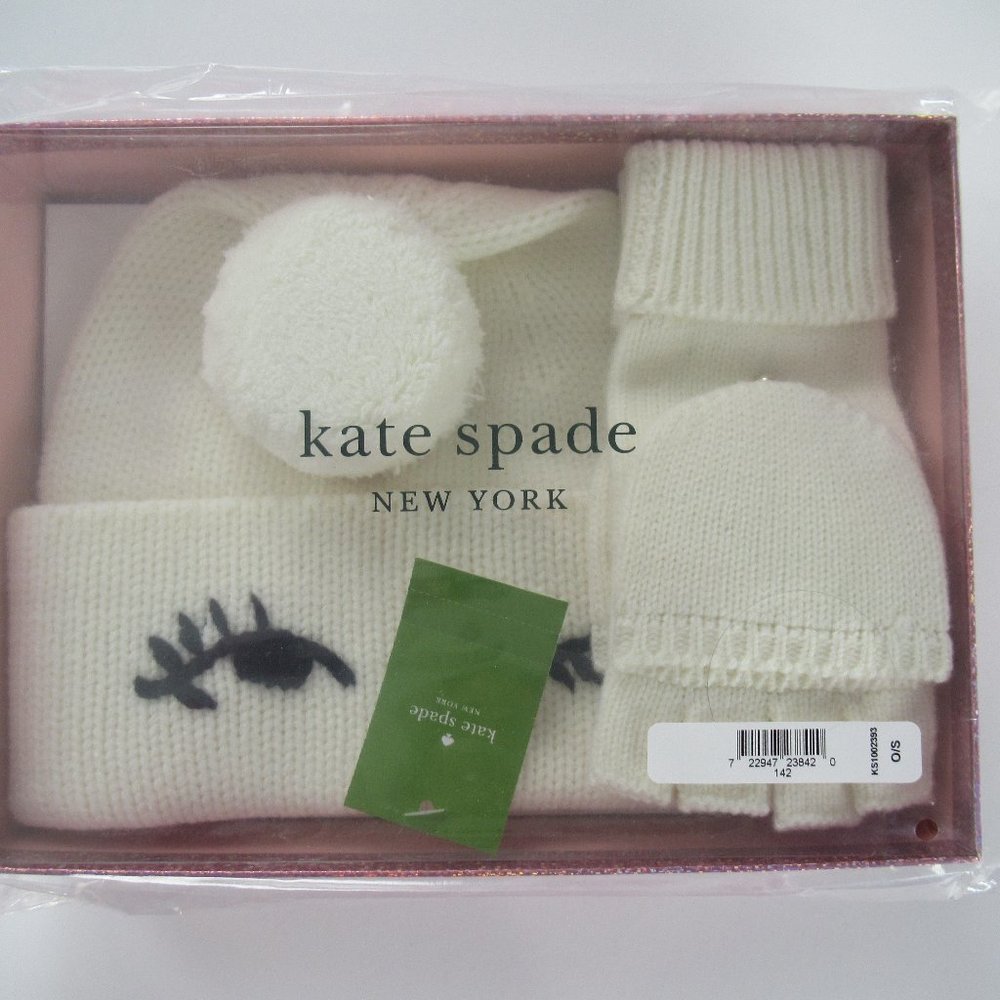 Kate Spade Winking Beanie Cuffed Hat Pop Top Convertible Mittens Box Gift Set